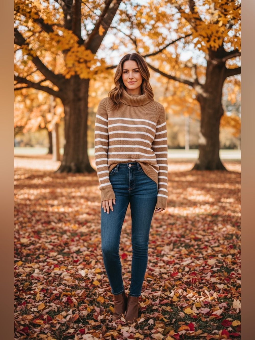 Lands' End Camel and White Striped Turtleneck Sweater